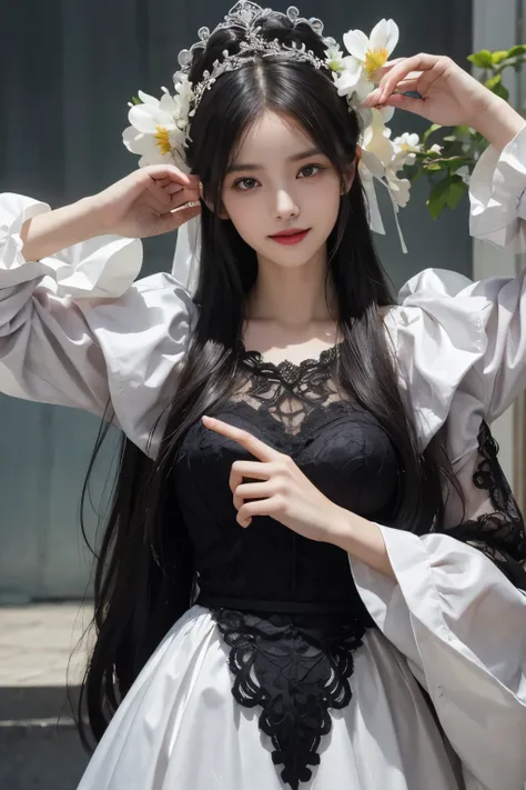 best quality、masterpiece、ultra high resolution、In fact、1 girl、shiny skin、((Surreal details))、global photo、8k、very intricate details、shining eyes、black straight hair、high key、pure face_v1、smile、elegant pose、White ultra-thin transparent lace、Lots of flowers ...
