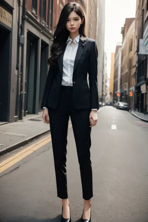 long hair, woman, suit, slender, 25 years old