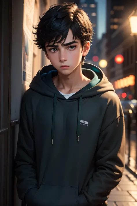 16 year old european boy, short dark black hair, blue hoodie, minnow green, shy and frightened expression, detailed face and eyes, cinematic lighting, 8k, highres, photorealistic