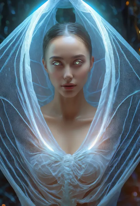 1 beautiful female alien girl emerging from a cocoon, detailed beautiful face like cute girl and body, from back, (glowing eyes, glowing skin:1.5), intricate organic details, translucent wings, symmetrical face, ethereal lighting, cinematic, vibrant colors...