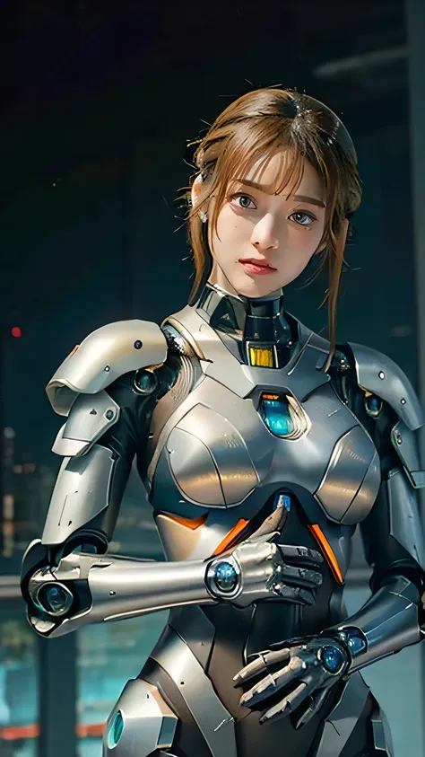 a woman in a futuristic suit poses for a photo, girl wearing mecha cyber armor, かわいいcyborg girl, perfect anime cyborg woman, bea...