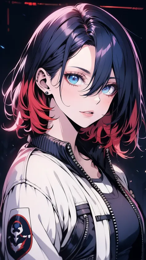 first work,Detailed,High resolutions:1.4) , Model photo, to close, Detailed face, Fine, detailed eyes,, (Kirishima Touka),medium blue hair,ojo ghoul,retro jacket,Tokyo Ghoul,retrofuturistic background, vibrant colors, HdR,, ,