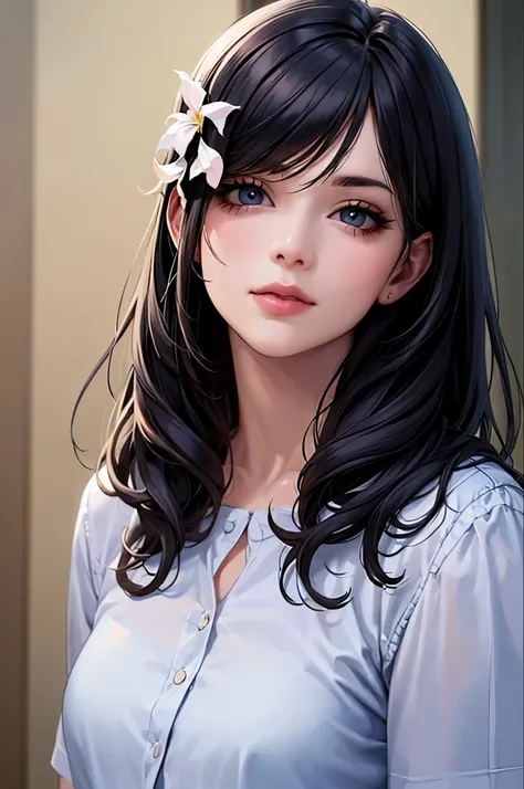  anime girl, Realistic Shadows, Detailed skin, Small breasts, Black Hair, Very detailed, 8kのVery detailedな顔, perfect face shape, Perfect Lips, Perfect Nose, Correct beautiful eyes, Audience, White shirt, Hair Flowers, masterpiece, Highest quality, Single w...