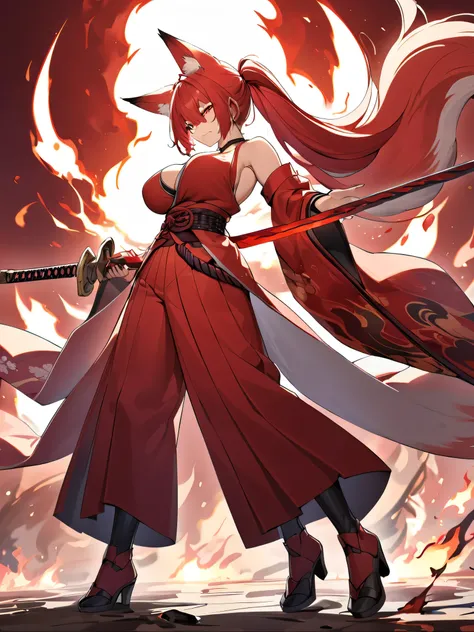  8K Best quality Best work Red long ponytail Red fox ears Nine fox tails Very large breasts Flaming Japanese sword Red jacket Long hakama Red eyeshadow on lower eyelids Red burning background Japanese style Samurai Burning hell  