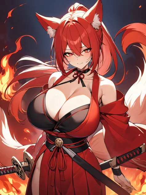  8K Best quality Best work Red long ponytail Red fox ears Nine fox tails Very large breasts Flaming Japanese sword Red jacket Long hakama Red eyeshadow on lower eyelids Red burning background Japanese style Samurai Burning hell  