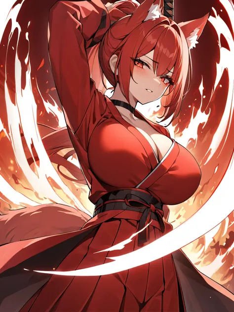  8K Best quality Best work Red long ponytail Red fox ears Nine fox tails Very large breasts Flaming Japanese sword Red jacket Long hakama Red eyeshadow on lower eyelids Red burning background Japanese style Samurai Burning hell  