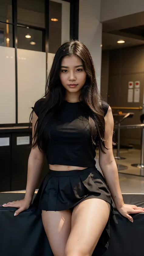 asian woman, black long hair, brown eyes, 25 years old, polyglot, smirk, sexy posing at the cinema, wearing skirt and top