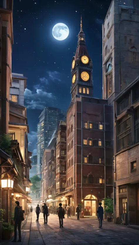 A city surrounded by high walls、City of Attack on Titan、Starry Sky、The big shining full moon、A tall building with a clock tower