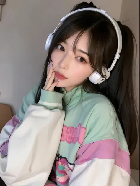 wearing headphones 침대에 앉아 있는 아시아 소녀, best face, hermosa delphine, anime atmosphere, korean woman, e-chica, e - chica, cute kawai...