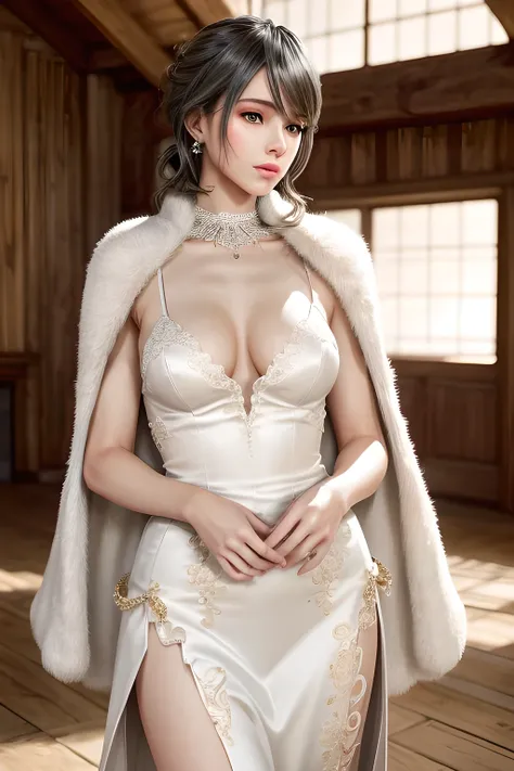 A lady with extraordinary temperament, she stands in a modern indoor space, as if she is a model from a fashion magazine. She is wearing a (pure white long fur cape), the softness and luster of which makes her look more noble under the light, and complemen...