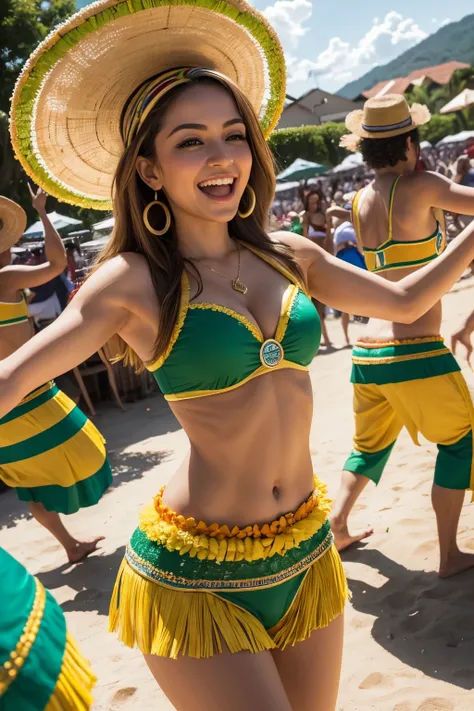 ((melhor qualidade)), ((obra de arte)), (detalhado), Create a vibrant and lively scene depicting a traditional "Samba de Roda" celebration. The image should feature a circle of people dancing samba, with musicians playing traditional instruments like the t...