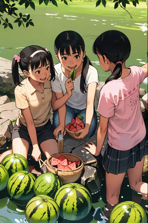 masterpiece, highest quality,multiple girls, three girls, fruits, food, watermelon, water, sandals, have, black hair, hair ties,...