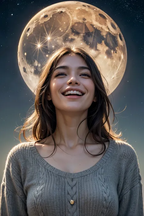 High resolution, masterpiece, Anatomically correct, Highest quality, High-resolution model, Very detailed, Textured skin, smile, Open your mouth a little, happiness/joy, smiling, Looking up at the stars,starry skies,Shining Moon,Friendly atmosphere,Calm ex...