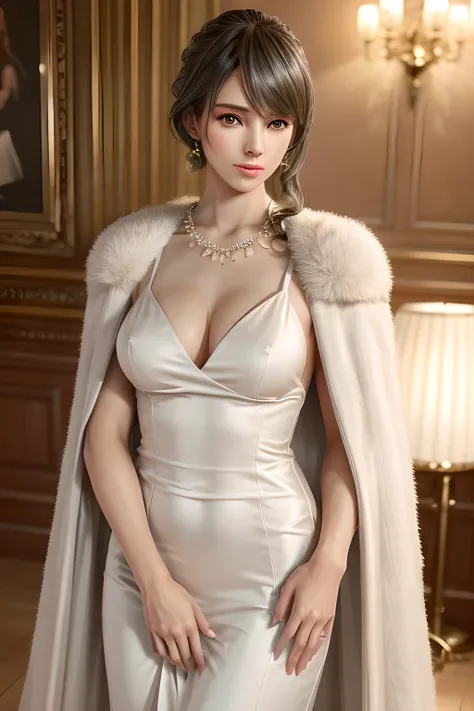 A lady with extraordinary temperament, she stands in a modern indoor space, as if she is a model from a fashion magazine. She is wearing a (pure white long fur cape), the softness and luster of which makes her look more noble under the light, and complemen...