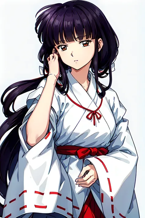 simple white background,
white kimono,white japanese clothes,wide sleeves,
(red_In addition:1.1),(red_Skirt:1.1),
hits, blunt hits, Brown eyes, by the wide,black fur,
1 girl, 20 years,young woman,beautiful Finger,beautiful long legs,beautiful body,
beautif...