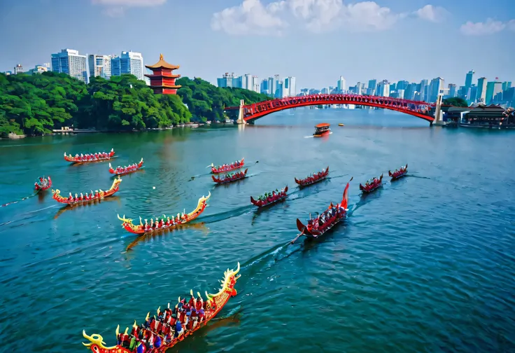 Foreground Dragon Boat，Upper left corner pavilion，Red bridge in the upper right corner，Many boats on the water