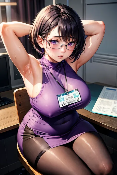 Thai Idol　Purple Short Hair　Glasses　A transparent purple blouse with sweat stains from the armpits　Black tight skirt　stockings　(Strap ID Card)　50 years old　赤いルージュのPlumpとした唇　Round face　Plump　(eye contact)　night景が見えるオフィス　The air conditioner is broken and the...