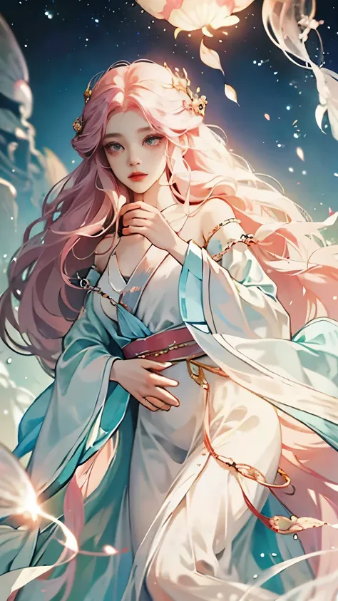 1 Girl。 Jellyfish Priestess, ethereal essence, Gorgeous flowing robe, Long flowing hair and robes