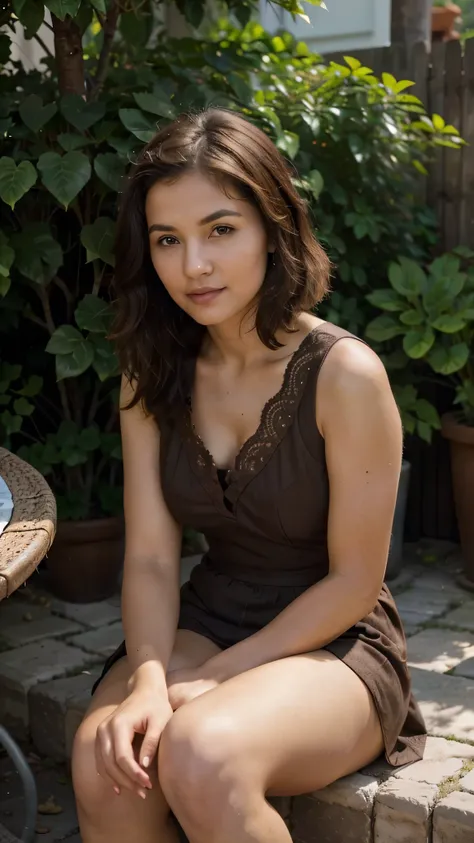 tatar woman, brown short hair, brown eyes, 31 years old, smirk, seating near the planting, wearing dress