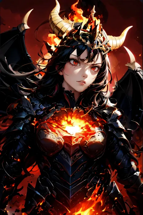 a woman wearing a pitch black armor with red accents, engulfed in blood-red flames, wearing a crown that is on fire, intricate details, ultra-detailed, 8k, highly detailed, photorealistic, masterpiece, dramatic lighting, cinematic composition, epic fantasy...