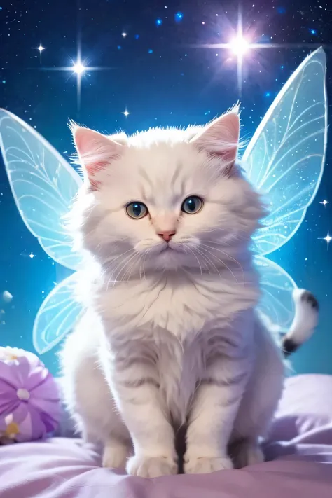 "big、A fluffy cat fairy with big, sparkling odd eyes and small, delicate wings.。The cat&#39;s fur is pastel pink and blue、It gives off a soft magical glow.。Sitting gracefully on a mushroom、I&#39;m in a magical forest。The forest is lit by soft moonlight and...