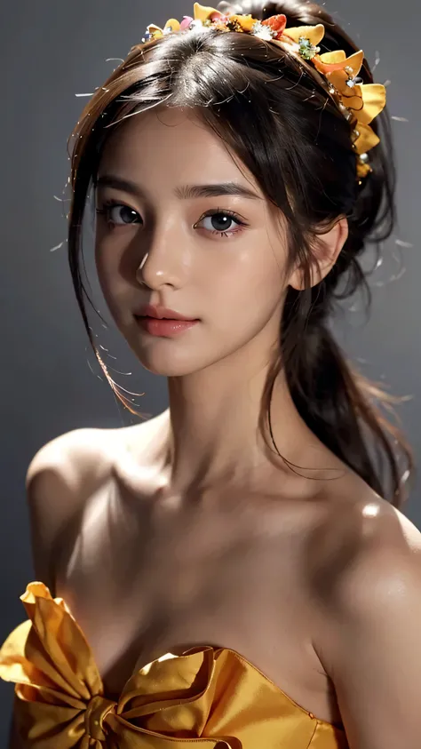 Close up face,Orange  Sleeveless Dress Style,Frilly dress,ruffled edges, layered,Accessories: Flower hairpiece, ribbon, fitted body,Commercials for luxury cosmetics style,Commercial filming studio,The background is all gray,Body in front,fully body photo,m...