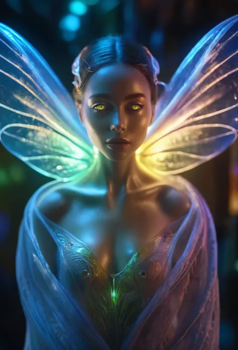 1 beautiful female alien creature emerging from a cocoon, detailed beautiful face like cute girl and body, from back, (glowing eyes, glowing skin:1.5), intricate organic details, translucent wings, symmetrical face, ethereal lighting, cinematic, vibrant co...