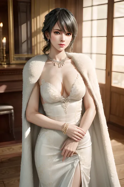 A lady with extraordinary temperament, she stands in a modern indoor space, as if she is a model from a fashion magazine. She is wearing a (pure white long fur cape), the softness and luster of which makes her look more noble under the light, and complemen...