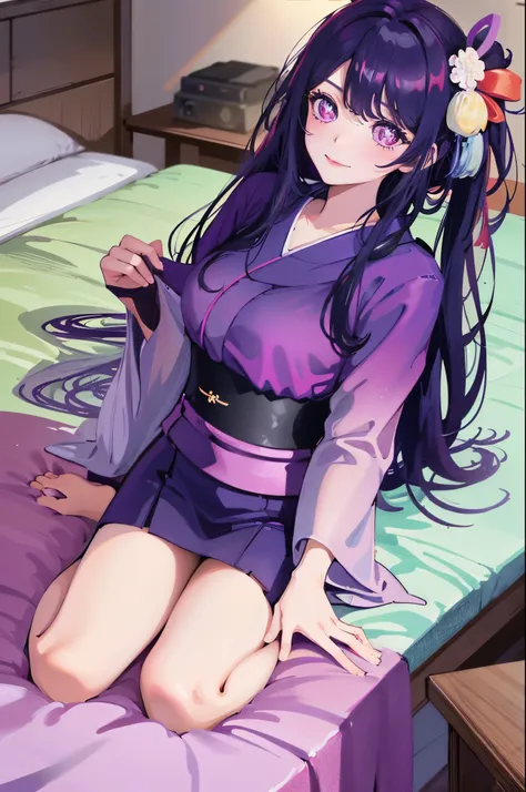 1 girl, Kimono, long hair, see the whole body, Ai Hoshino, Turn towards the viewer, Stand with your face and chest close to the viewer., dark purple eyes, big breast, cute smile, Tall, lying on the bed,