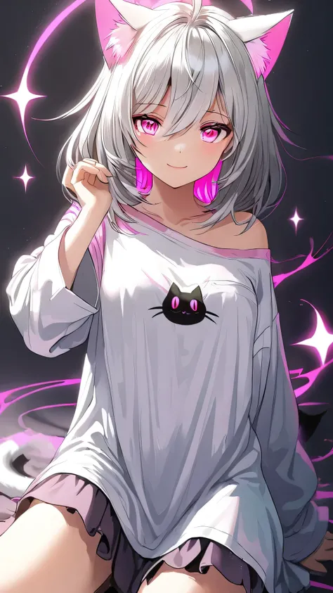 Medium chest,pretty girl, bewitching smile,Longing eyes,Cat ear, Beautiful silver hair,Pink inside,Beautiful pink eyes,Oversized shirt,skirt