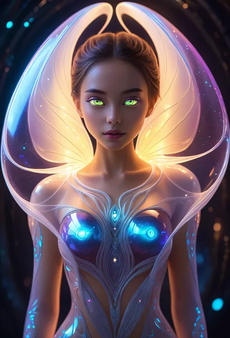 beautiful alien woman emerging from a cocoon, detailed beautiful face like cute girl and body, from back, (glowing eyes, glowing skin:1.5), intricate organic details, translucent wings, symmetrical face, ethereal lighting, cinematic, vibrant colors, digita...