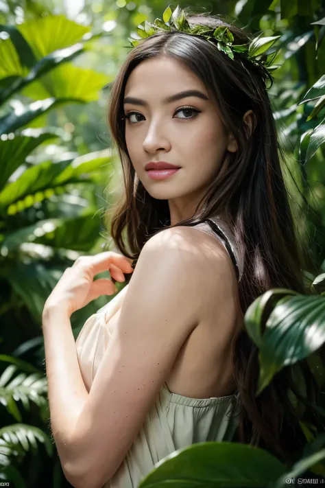 a girl in a lush jungle, beautiful detailed eyes, beautiful detailed lips, extremely detailed eyes and face, longeyelashes, barefoot, wearing a leaf crown, holding a bird, detailed nature, (best quality,4k,8k,highres,masterpiece:1.2),ultra-detailed,(realis...