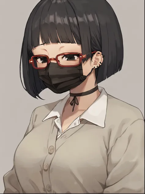 score_9, score_8_up, score_7_up, score_6_up, score_5_up, score_4_up, BREAK 1girl, (black hair:1.2), bob cut, short hair, tomboy, black eyes, (black mouth mask:1.1), long eyelashes, half-closed eyes, (red-framed eyewear:1.1), black choker, hime-cut hair, ad...