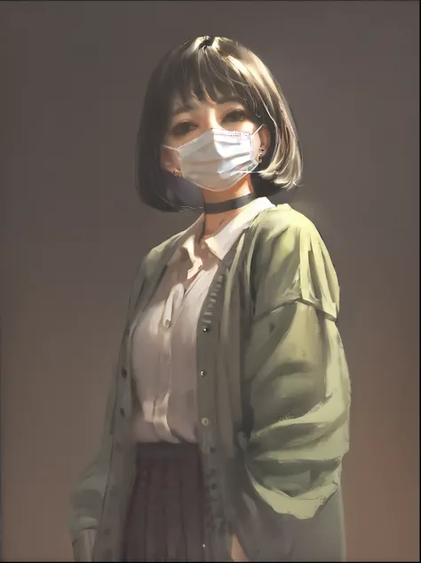 masterpiece, best quality, high quality, hyperrealistic anime painting, anime painting, loose long hair, black background, dramatic diagonal lighting, painterly, realistic painting, soft feature, detailed clothes, detailed, rembrandt lighting, solo, (black...