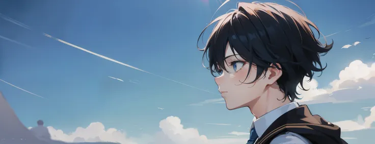 a side profile of a young man looking at the sky