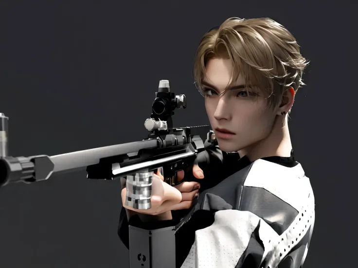 arafed image of a woman aiming a gun with a olympic rifle in her hand, with rifle, with pistol, trigger anime artstyle, shooting pose, aiming, 3 d render of jerma 9 8 5, cai xukun, xqc, realistic anime 3 d style, 2 d cg, realistic shot, johan liebert mixed...