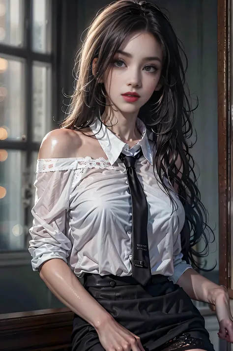 Girl portrait photography, Realistic, High resolution, 1 female, alone, Upper Body, Beautiful Eyes, Close your lips, Detailed face, Gray Hair, Long Hair,Off-the-shoulder white shirt, Black tie,Black Skirt, Pencil Skirt, stockings,(Black lace panties are vi...