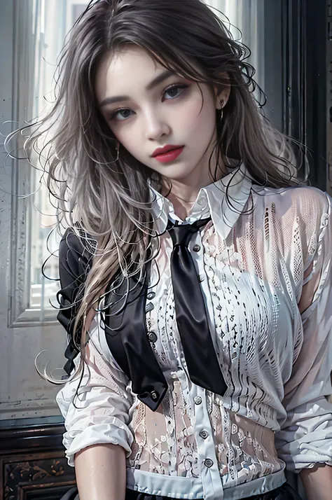 Girl portrait photography, Realistic, High resolution, 1 female, alone, Upper Body, Beautiful Eyes, Close your lips, Detailed face, Gray Hair, Long Hair,Off-the-shoulder white shirt, Black tie,Black Skirt, Pencil Skirt, stockings,(Black lace panties are vi...
