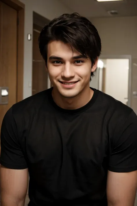 man, 25 years old, rough complexion, smiling, black t-shirt