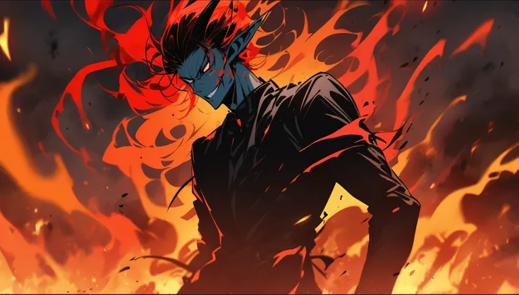 A tall man, with elf ears, Eyes red, an evil smile on your face, your hair seems to be made of energy and fire, wearing black clothes on a battlefield, strong colors, impact, Undoing, kinematics