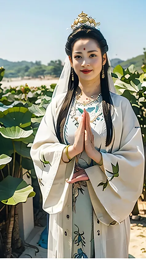 Bodhisattva，Wearing a white dress、Wearing a pagoda crown、Arafah women covered in white sand，Standing on the lotus，Wearing white gi，Hands together，Facing the camera