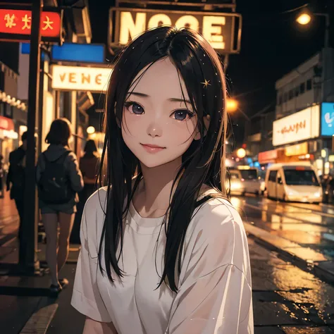 (best quality), (masterpiece), a background image for Lofi Music with a Vietnam girl, (Vietnam girl:1.1), (Lofi Music:1.3), (serene expression:1.3), (ray tracing:1.3), (realistic:1.5), City of the Night, neon signs on the street sparkle,City of the Night,S...