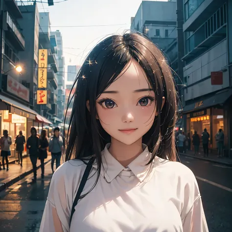 (best quality), (masterpiece), a background image for Lofi Music with a Vietnam girl, (Vietnam girl:1.1), (Lofi Music:1.3), (serene expression:1.3), (ray tracing:1.3), (realistic:1.5), City of the Night, neon signs on the street sparkle,City of the Night,S...