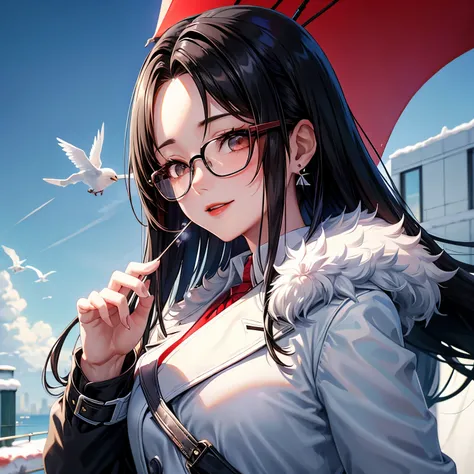 same,, 1 Girl, animal, animal on shoulder, bird, Black-rimmed glasses, black eyes, Black Hair, blue sky空, city View, clear sky空, coat, sky, earrings, Glasses Rack, Took off the glasses, fur coat, jacket, Jewelry, Long hair, looking off to the side, outdoor...