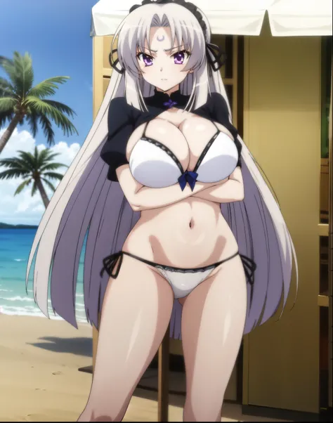 Kuesu Jinguji_multimerge,1girl, silver_hair, purple_eyes, big_breast, perfect_hands, White_bikini, full_body, beach_background