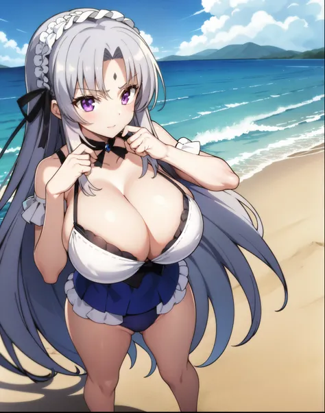 Kuesu Jinguji_multimerge,1girl, silver_hair, purple_eyes, big_breast, perfect_hands, White_bikini, full_body, beach_background