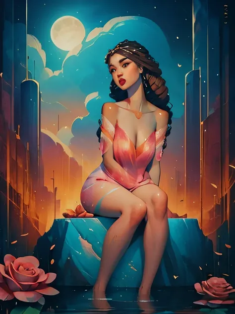 a painting of a woman with long wavy hair, t-shirt with plumeria design, digital art inspired by Cyril Rolando, trends in cg society, digital art fantasy, colorful digital fantasy art, wonderful digital art, beautiful art uhd 4 k, exquisite digital illustr...