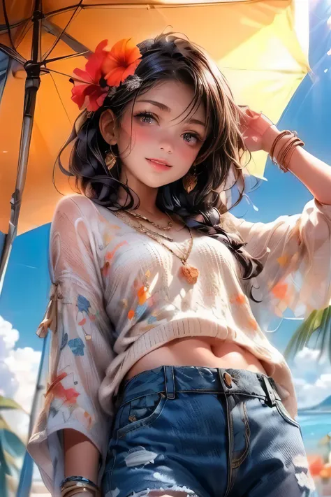 image that features a cute young girl in a bikini and a flower in her hair, Crochet Sweater Cover Up, A scene where you hold your hands up and look up at the sky, 1girl, bikini , middle-breasts, flower, Crochet Sweater Cover Up, hair flower, hair ornament,...