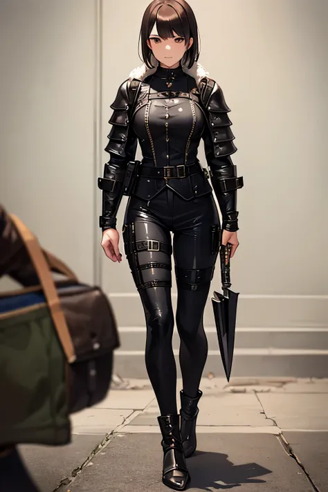 Tactical knight, light armor, tactical equipment, tactical straps, leather equipment, tactical accessories, knight accessories, 1girl, medieval background, tactical armored boots, knife sheath equipment, 1girl, full body, spy suit, gothic costume, elegant ...