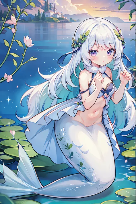 masterpiece, best quality,(Full fingers),A girl,Mermaid,White hair,白色的Mermaid尾巴,full-body shot,Get posed,Sea view,charming face(Kawaii, charming,Soft)